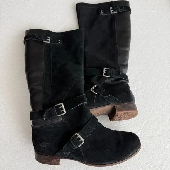 Size 9.5 - Ugg Cydnee Boots Black Leather Knee High Buckle Sheepskin Shearling - Picture 1 of 9